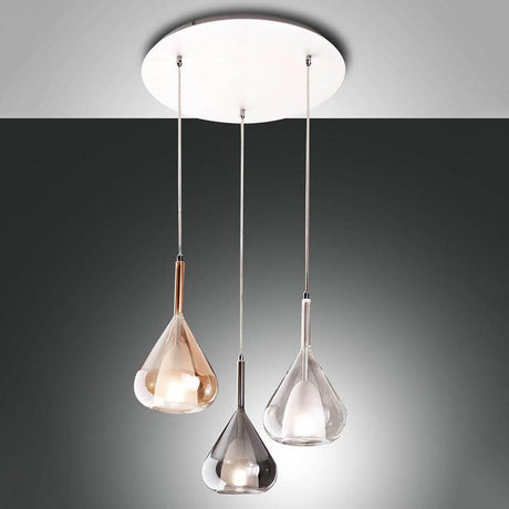 Lila Pendelleuchten Kombi Amber, Transparent & Rauchfarben mit drei schönen Glaslampenschirmen.