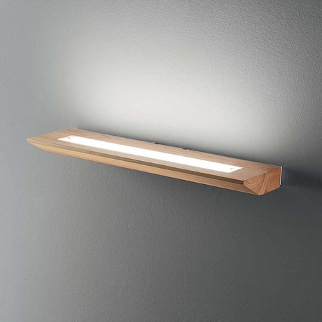 Linus LED Wandleuchte aus Eichenholz an der Wand montiert, modernes Design mit dimmbarem Licht.