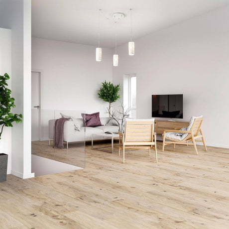 Suspension Marbella E27 blanche dans un salon moderne avec parquet en bois et meubles confortables.