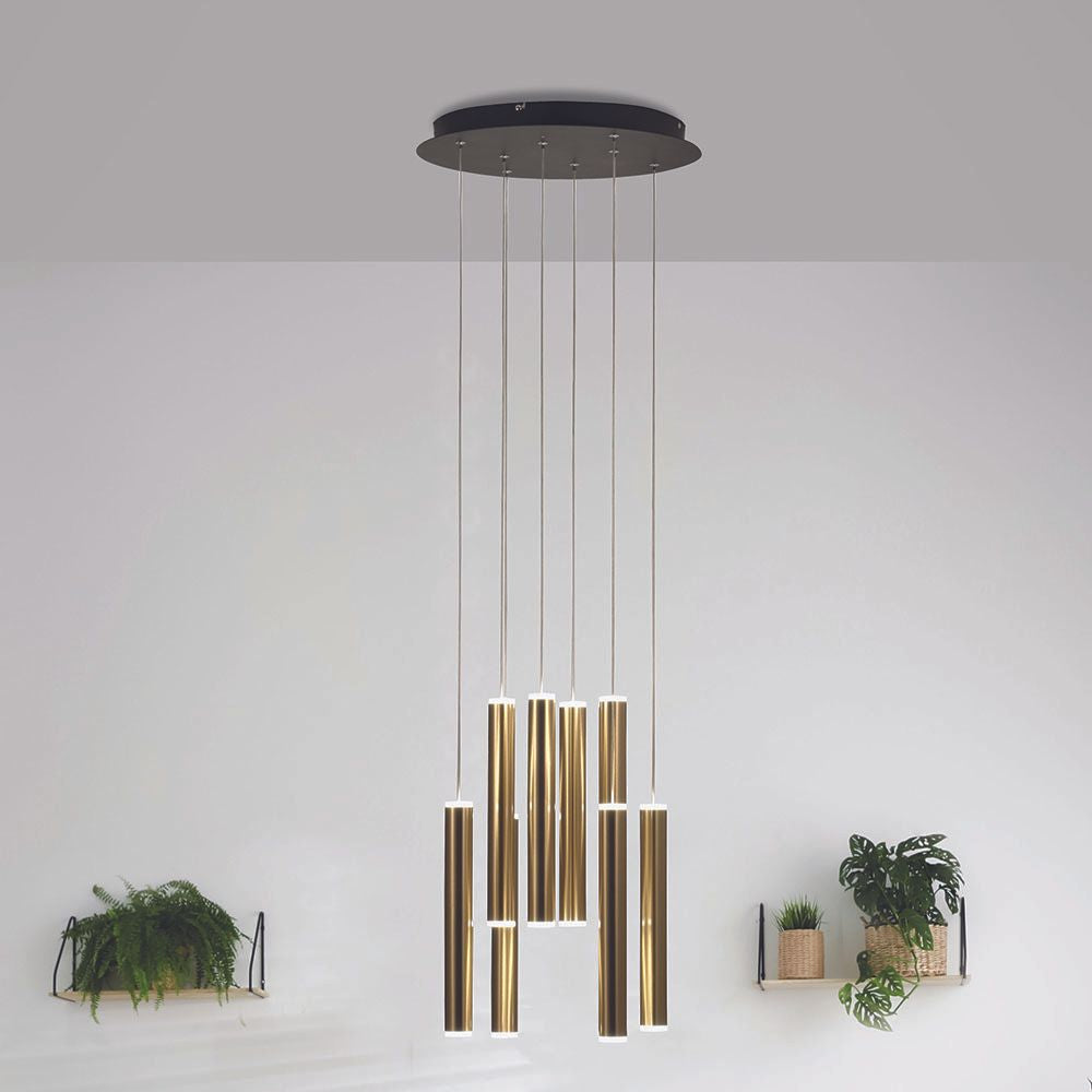 Prado LED Pendellampe mit 8 Röhren in Gold, stilvolle Beleuchtung mit Dimmer und austauschbarer LED-Platine.