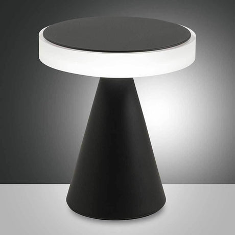 moderne LED-bordlampe Neutra med svart kjegleformet sokkel og rund lampeoverflate.