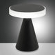 moderne LED Tischleuchte Neutra mit schwarzem Kegelstandfuß und runder Leuchtenoberfläche.