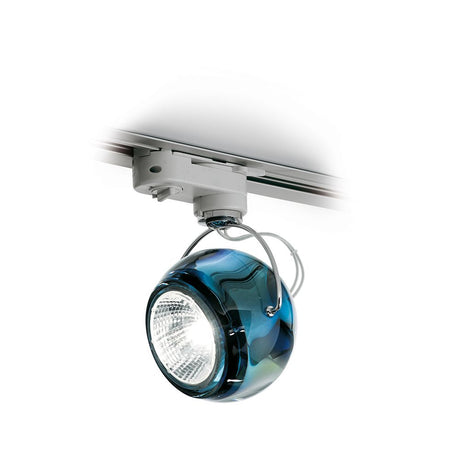Fabbian Beluga track ceiling light Ø 9cm with colored crystal diffuser in blue, ideal for modern living spaces.