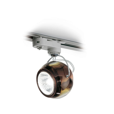 Fabbian Beluga track ceiling light Ø 9cm with colored crystal diffuser, ideal for dining areas and restaurants.