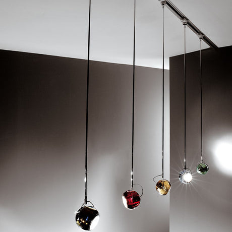 Fabbian Beluga track pendant lamp Ø 9 cm with colorful crystal light bulbs in a modern design.