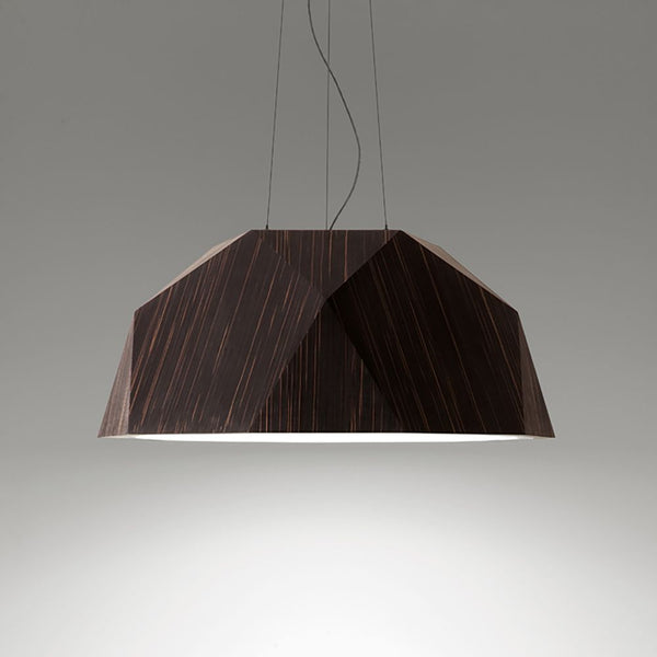 Fabbian Crio Hängeleuchte 180cm in dunklem Holz mit modernem Design und quadratischem Diffusor.