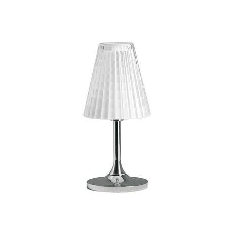 Fabbian Flow Tischleuchte mit weißem Diffusor und verchromtem Fuß für warmes und einladendes Licht.