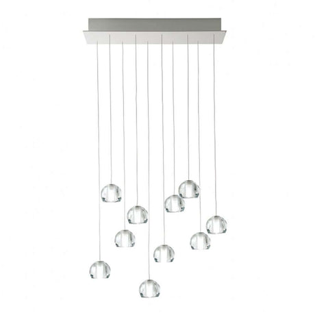 Fabbian Multispot LED-Hängeleuchte Beluga 10-flammig eckig mit klaren Glaskugeln an einem modernen Deckenbaldachin.