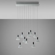 Fabbian Multispot LED-Hängeleuchte Polair 10-flammig eckig mit transparenten Glasdiffusoren über Esstisch