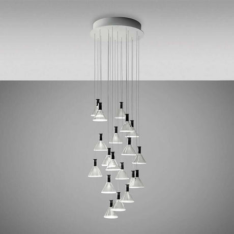 Fabbian Multispot LED-Hängeleuchte Polair 20-flammig rund in modernem Design mit transparenten Glasdiffusoren.