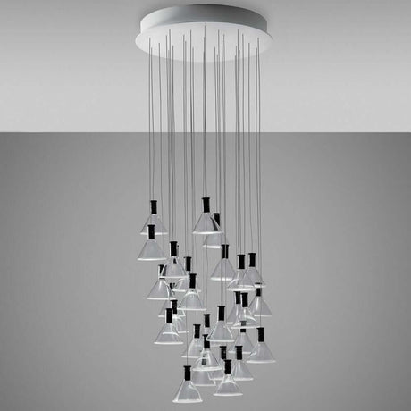 Fabbian Multispot LED-Hängeleuchte Polair 30-flammig rund mit transparenten Glasdiffusoren.
