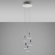Suspension Fabbian Multispot LED Polair à 5 flammes, ronde, avec diffuseurs en verre transparent.