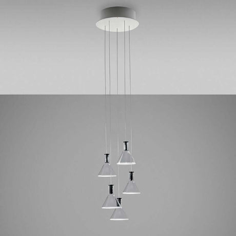 Fabbian Multispot LED-Hängeleuchte Polair 5-flammig rund mit transparenten Glasdiffusoren.