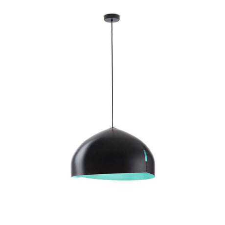 Suspension Fabbian Oru Big en métal noir avec dessous turquoise suspendue.