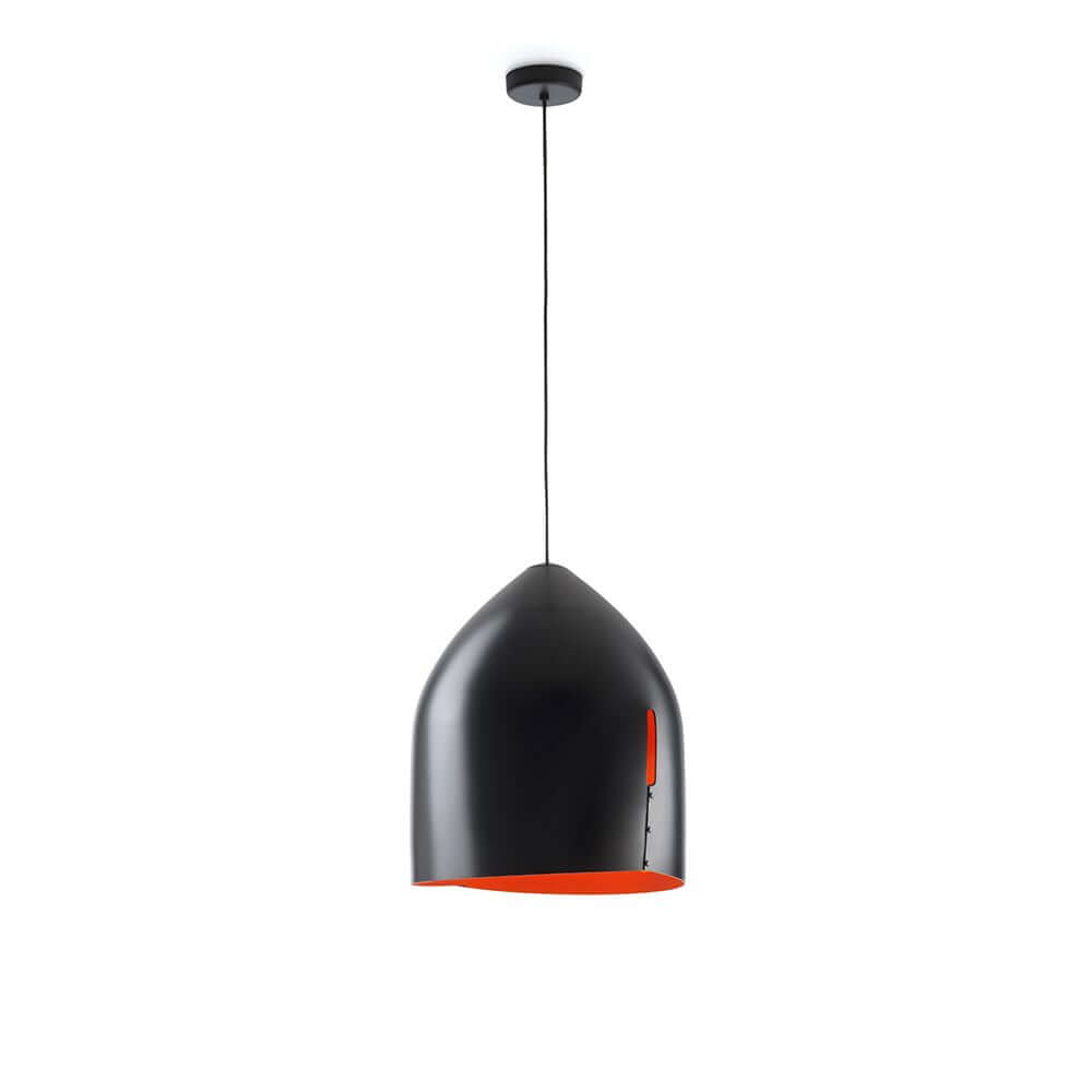 Fabbian Oru Pendelleuchte Mini in elegantem Schwarz mit rotem Innenleben, ideal für moderne Wohnräume.