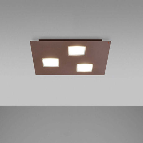 Fabbian Quarter LED-plafonnier carré à 3 lampes en finition bronzée avec trois luminaires rectangulaires LED.