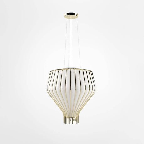 Fabbian Saya Pendellampe Medium in gold und transparenten Glas mit Metallkäfig.