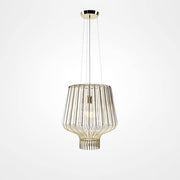 Fabbian Saya Pendellampe Small in hellem Glas und goldenem Metallkäfig.