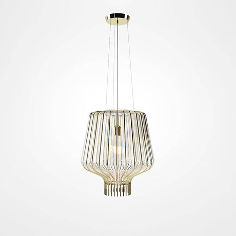 Fabbian Saya Pendellampe Small in hellem Glas und goldenem Metallkäfig.