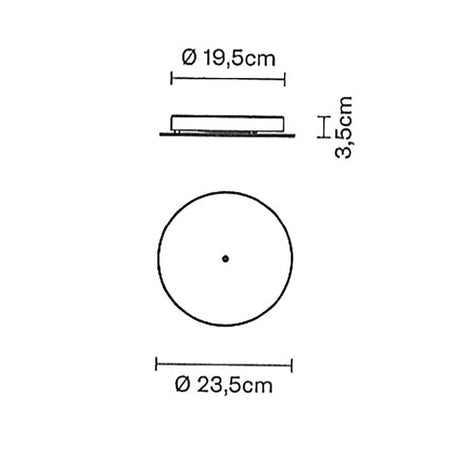 Fabbian Tripla Baldachin Ø 23,5cm 1 bis 3-flammig technische Zeichnung mit Durchmessern von Ø 19,5cm und Ø 23,5cm.