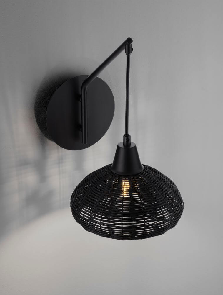 Fado Wandleuchte Ø 20,5cm E27 Rattan an schwarzer Wandhalterung mit Rattan-Lampe