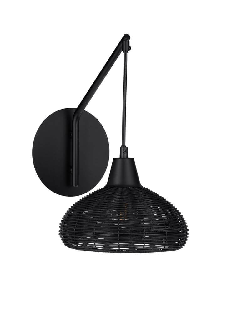 Fado Wandleuchte Ø 20,5cm E27 Rattan an schwarzem Wandhalter, modernes Design aus Rattan, ideal für stilvolle Beleuchtung.