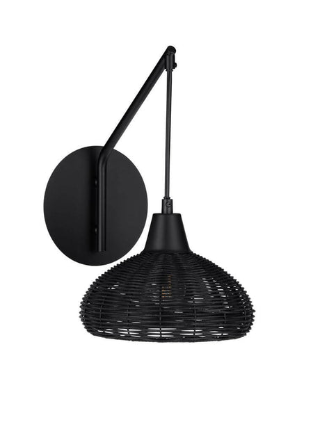 Fado Wandleuchte Ø 20,5cm E27 Rattan schwarz, moderne Wandlampe mit schwarzem Rattenschirm