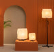 Luang Stehlampe und Tischlampen in modernem, elegantem Raumdesign mit orangefarbenem Hintergrund.
