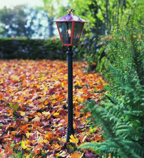 Fenix testa di illuminazione in rame, vetro acrilico (senza base, palo) si trova tra le foglie autunnali colorate nel giardino.