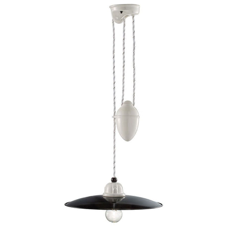 Ferroluce B&W Hängeleuchte mit Seilzug Ø 30cm, Vintage-Pendelleuchte mit schwarzem Schirm und Seilzug.