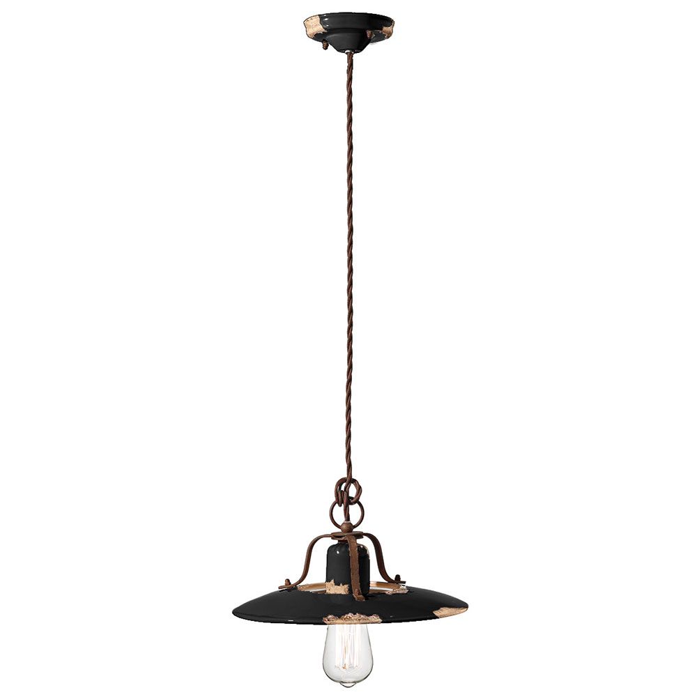 Retro-Hängeleuchte Country von Ferroluce in Schwarz, Ø 30cm, klassisches Design für den Wohnbereich.
