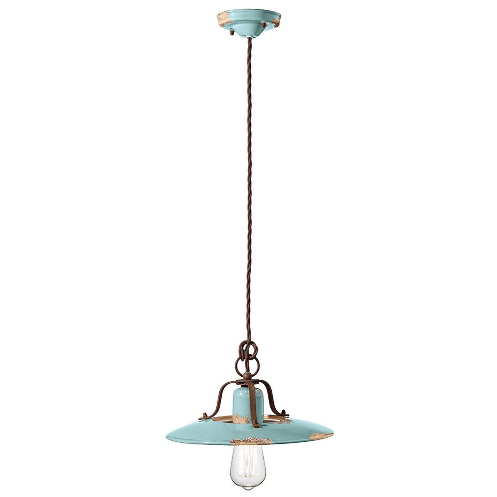 Ferroluce Country Keramik-Hängeleuchte in Aqua, Ø 30 cm, nostalgisches Design für stilvolles Wohnen.
