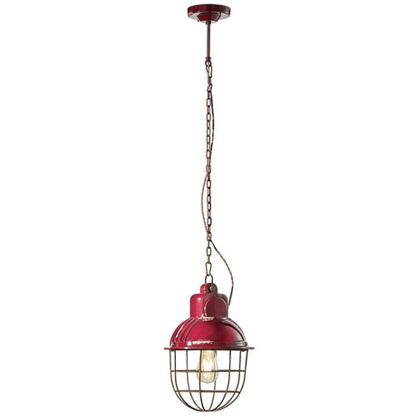 Ferroluce Hängeleuchte Industrial aus Keramik mit massiven Metall-Gitter in Rot, ideal für Wohnbereiche.