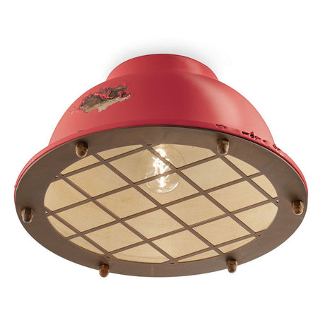 Ferroluce Industrial Deckenlampe mit rotem Metall-Gitter und handgearbeiteter Keramik.