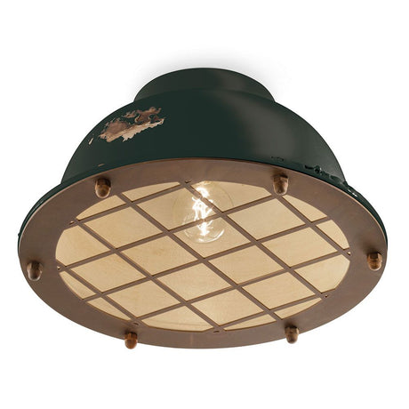 Ferroluce Industrial Deckenlampe aus handgearbeiteter Keramik mit Metall-Gitter und vintage Design.