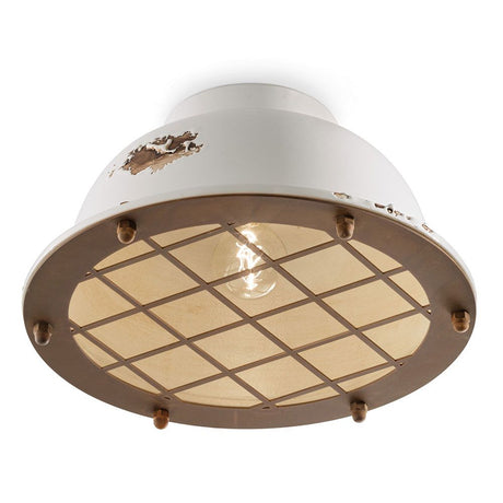 Ferroluce Industrial Deckenlampe mit massivem Metall-Gitter und handgearbeiteter Keramik für stilvolle Wohnräume.
