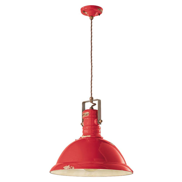 Ferroluce Industrial Hängelampe 40cm in Hellrot mit Keramikschirm, handgefertigt, höhenverstellbar und dimmbar