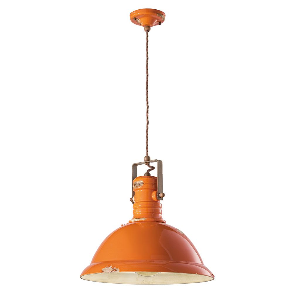Ferroluce Industrial Hängelampe in Orange, handgemachte Keramik, flexibel einsetzbar für jeden Wohnbereich.