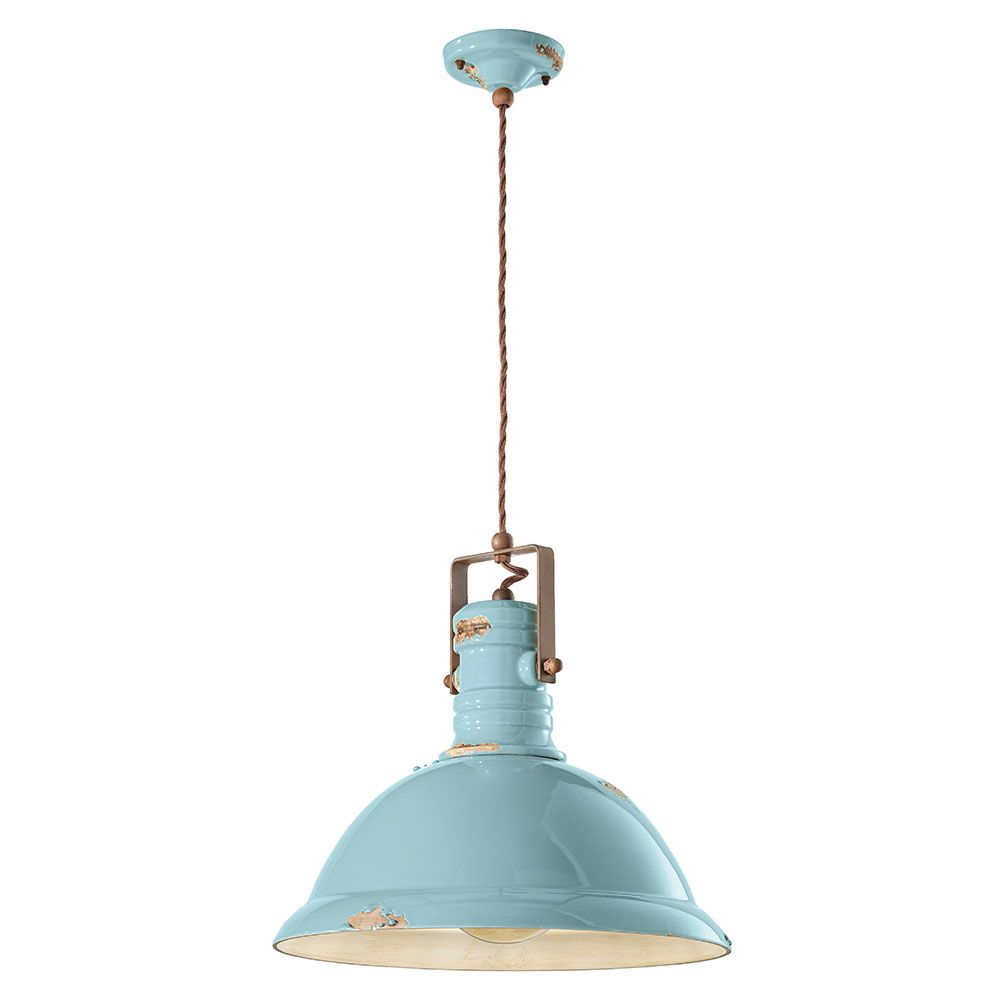Ferroluce Industrial Hängelampe in Türkis, handgemachte Keramik, 40cm, flexibles Design für jedes Wohnambiente.