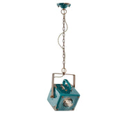 Suspension industrielle en céramique Ferroluce en turquoise avec design rustique en métal et céramique.