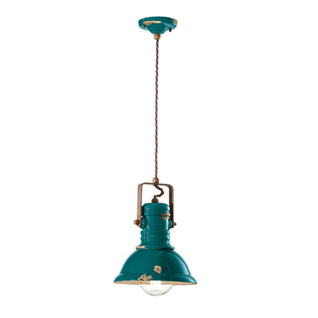 Ferroluce Industriel keramik hængelampe Ø 23cm i turkis med vintage design og håndlavet keramik.