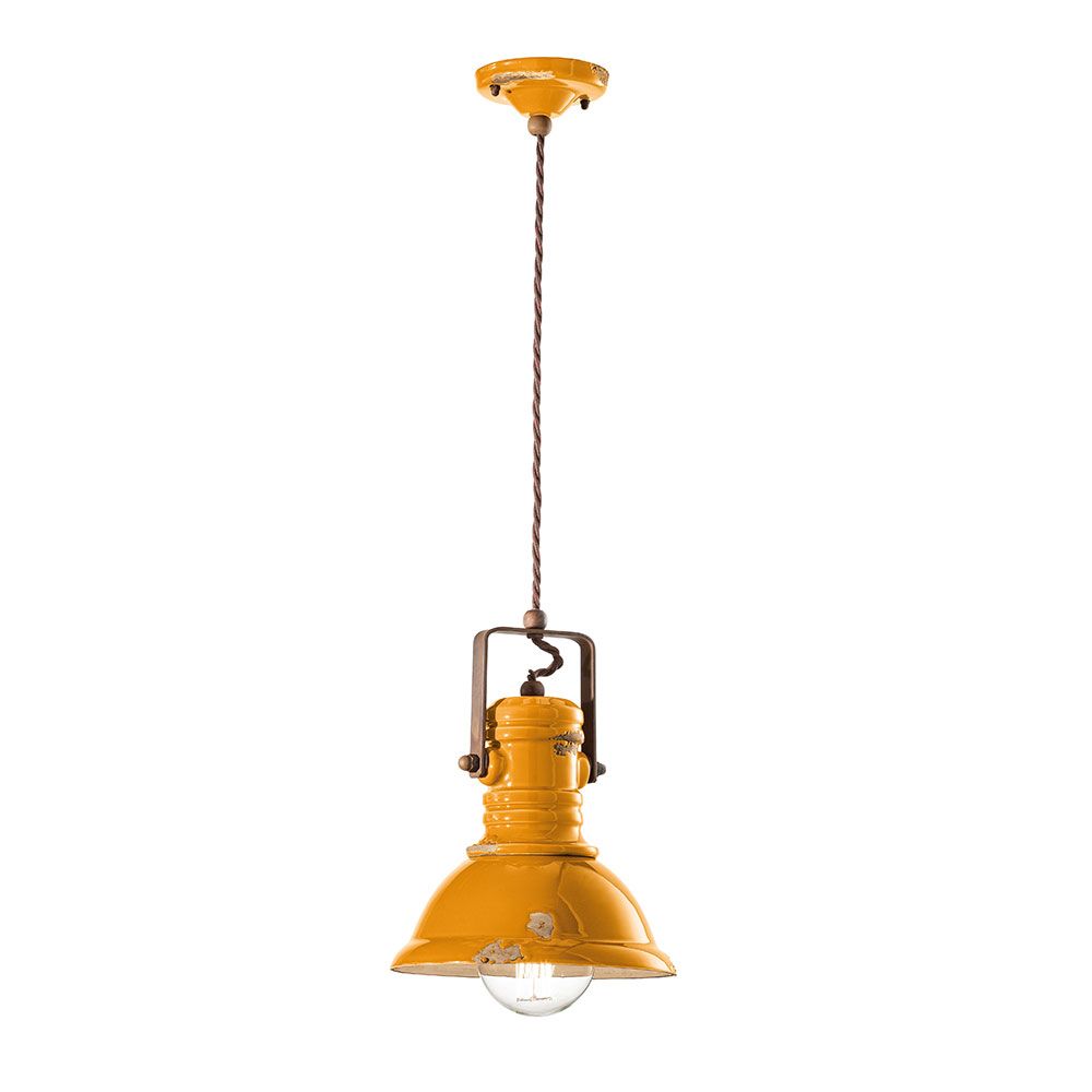 Ferroluce Industrial Keramik-Hängeleuchte Ø 23cm in gelb mit rustikalem Design und handgemachter Keramik.