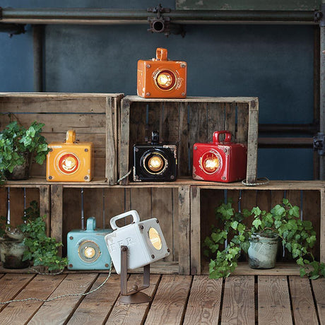 Ferroluce Industrial Retro-Tischleuchte mit Schalter in verschiedenen Farben auf Holzregalen.
