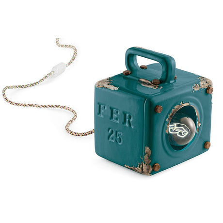 Ferroluce Industrial Retro-Tischleuchte mit Schalter in teal, handgemachte Tischlampe mit Textil-Kabel.