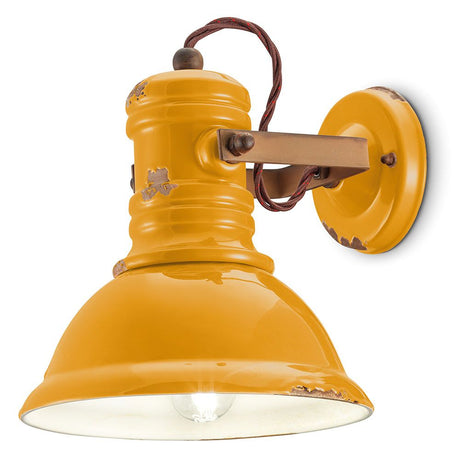 Ferroluce Industrial Wandleuchte in Gelb, handgefertigte Vintage-Wandlampe aus Metall und Keramik.
