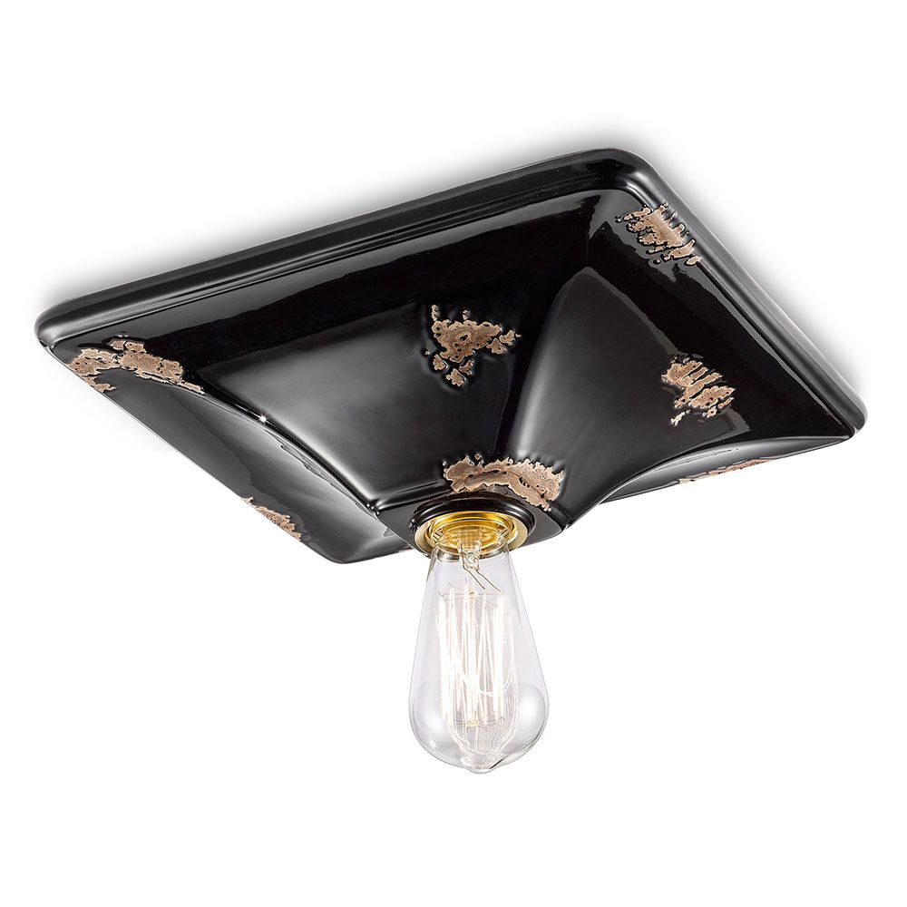 Ferroluce Keramik-Deckenleuchte Vintage 10cm in Schwarz mit goldenen Details und glomainer Glühbirne.