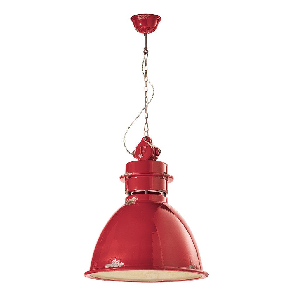 Ferroluce Keramik-Hängeleuchte Industrial in Rot, Vintage-Design für stilvolle Wohnräume.