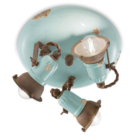 Ferroluce Loft Deckenrondell 3-flammig Blau - elegante Retro Deckenleuchte mit verstellbaren Strahlern.