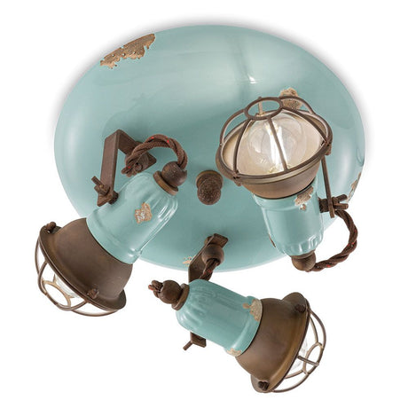 Ferroluce Loft Deckenleuchte mit Gitter, retro Deckenlampe in Handarbeit, Kombination aus Metall und Keramik.