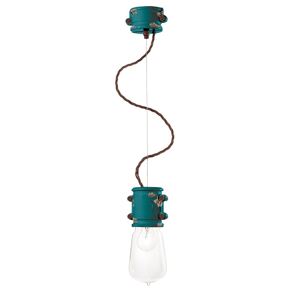 Ferroluce Urban Hängeleuchte Ø 12cm in vintage Stil mit grüner Fassung und transparentem Lampenschirm.